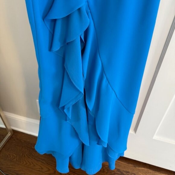 CARMEN MARC VALVO Infusion Peacock Blue Cascading Ruffle Hi-Slit Maxi Gown 6 US - Picture 4 of 10
